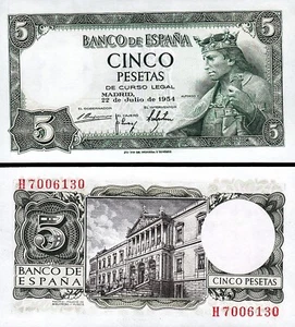 Spain Espana 5 Pesetas 1954, UNC, P-146, Prefix H - Picture 1 of 3