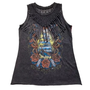 Affliction Inked Dead Man’s Chest Sleeveless Top Women’s Small Black Fringe Lace - Picture 1 of 10