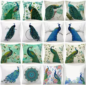 Cushion Cover Peacock Blue Bird Turquoise Green White Pillow Case 2-Sided 18x18" - Picture 1 of 19