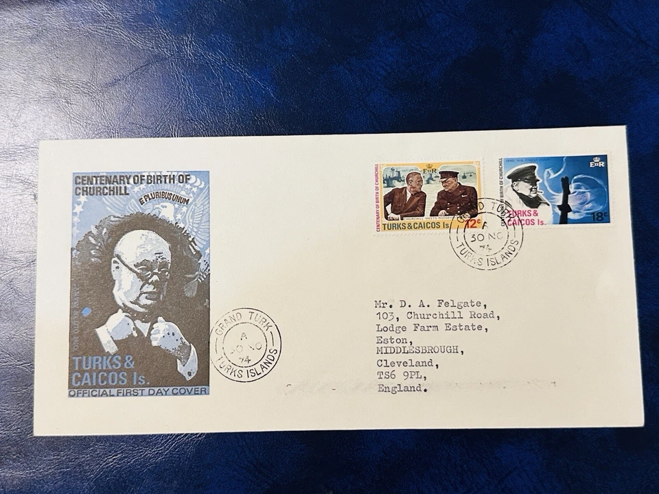 Turks & Caicos 1974 Churchill FDC TO CHURCHILL RD MIDDLESBROUGH ENGLAND ⭐ - Image 1 of 2