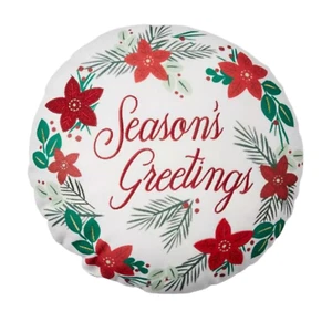 Christmas Accent Throw Pillow Embroidered Poinsettia Round 15" Seasons Greetings - Picture 1 of 3