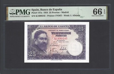 Spain 25 Pesetas 22-7-1954 P147a Uncirculated Grade 66 - Image 1 of 2