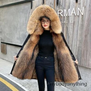 Damen-Winterjacke abnehmbares Innenfutter neu mittellang Waschbärfellimitat - Bild 1 von 28