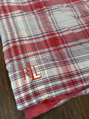 Ralph Lauren 全/女王棉被格子红色蓝色双面 RL 标志 Americana — 第 1/4 张图片