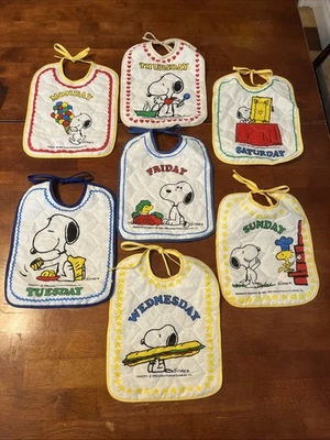 Vintage Peanuts Snoopy Charlie Brown Woodstock Baby Bib Lot Of 7 Rare Week Days - Image 1 of 4