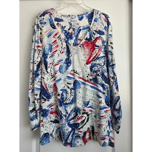Chicos Size Patriotic Paisley Print V Neck Long Sleeve Tunic TShirt Sz 3/XL - Picture 1 of 4