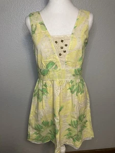 Free People Mini Sonnen Neckholder Kleid Größe 8 gelb grün Baumwolle Blumenmuster hinten offen - Bild 1 von 16