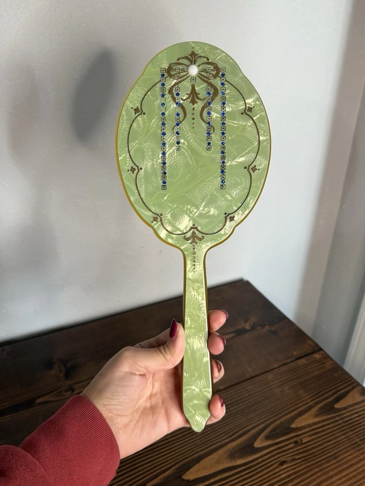 Vintage Art Deco Bakelite Celluloid Green Jade Marble Hand Held Mirror Jewels - Image 1 of 4