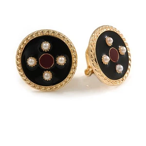 17 mm Goldton schwarz/rot Emaille Kunstperle Knopf Clip On Ohrringe - Bild 1 von 6