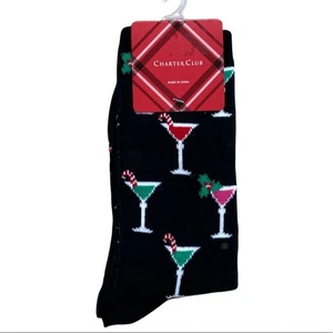 Charter Club Candy Cane Martini Holiday Drink Black Crew Socks New With Tags - Picture 1 of 4