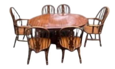 8 PC Oak Farmhouse Vintage Dining Table Set w/ 6 FiddleBack Windsor Chairs - Image 1 of 4