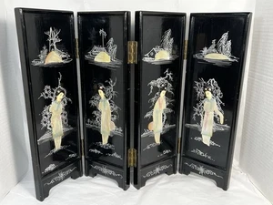Vintage Orientalisch Schwarz Lack Perlmutt Geisha 4 Panel Tisch Paravent - Bild 1 von 22