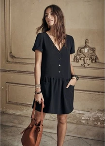 Sezane Lena Dress Sz 38/8 Black Shift Pockets Jewel Buttons Minimalistic LBD - Picture 1 of 10