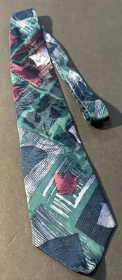 100% шелковый галстук Leonardo сделано в США геометрический абстрактный зеленый синий бордовый - Изображение 1 из 4