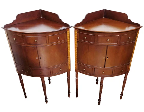 PAIR Antique AMERICAN 20th C Mahogany CORNER End TABLES Double Door Nightstands Cover