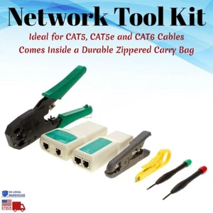 Network Tool Kit Ethernet LAN RJ45 Cat5e Cat6 Cable Tester Crimper Stripper Set - Picture 1 of 9