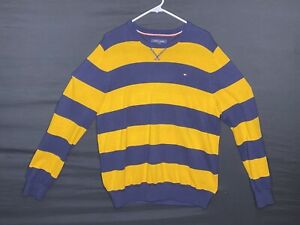 Tommy Hilfiger pullover mens Large L sweater Vtg Yellow & Navy Blue striped knit