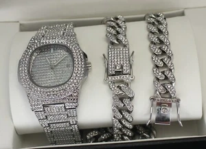 3pc Set Silver Plated Miami Cuban Link Cubic Zirconia Chain Bracelet Watch - Picture 1 of 8