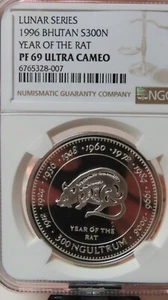 NGC PF69 UC-Bhutan 1996 Year of The Rat Silver 300 Ngultrums Almost Perfect PF - Picture 1 of 6