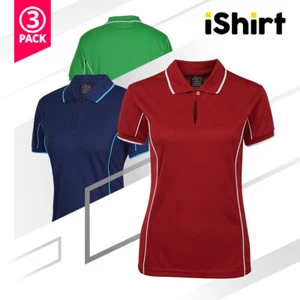 3PC LADIES POLO SHIRT SHORT SLEEVE 100% POLYESTER PIPING COOL DRY POLO 160GSM - Picture 1 of 24