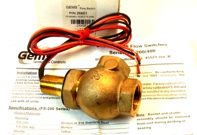Interruptor de flujo ajustable serie FS-400ADJ.75,BZ,2.-8.GPM FS-400 NUEVO EN CAJA GEMS 26601 Foto 1 de 4