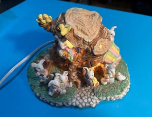 VTG 1990s Porcelain Easter Lighted Figurine - Bunnies Around a Treehouse - Picture 1 of 12