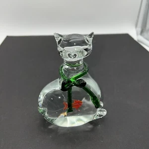 Blown Glass Cat with Red Fish in Belly Green Bow Figurine Paperweight 5” - Picture 1 of 9