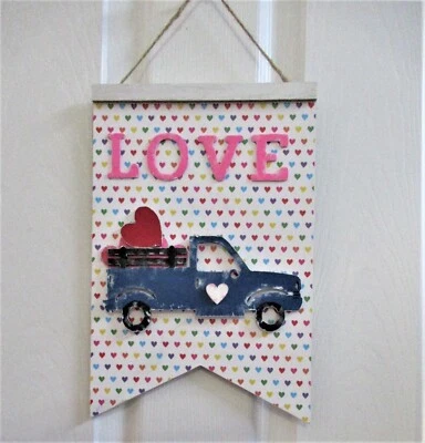 NEW Farmhouse Valentine's Day LOVE hearts truck sign hanging 11.5 x 7.75 - Image 1 of 3