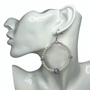 White Faux Pearl Purple Beaded Hoop Earrings Silver Tone Hook Pierced Jewelry - Picture 1 of 8
