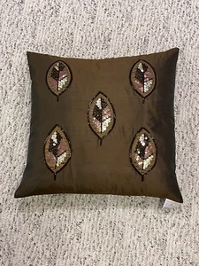 Bronze Brown Silk Beaded Leaf Design Decorative 15"  Pillow - Picture 1 of 2