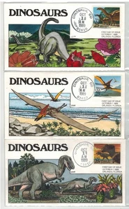 1989 COLLINS HANDPAINTED 2422/2425 DINOSAURS SET OF 4 ALLOVER CACHETS Nice! - Picture 1 of 2