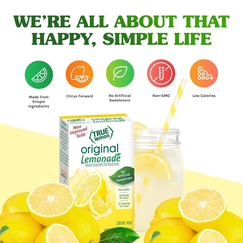 True Lemon Original Lemonade 100 Natural Ingredients Drink Mix 30 Packets