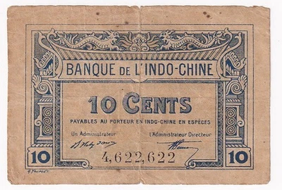 Indochina 1919 10 Cents Sign 5, Pick # 43. Black Serial Number Serial #4,622,622 - Image 1 of 2