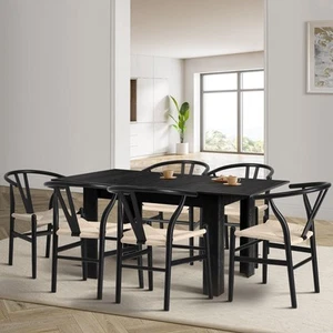 Oikiture 160cm Extendable Dining Table with 6x Hans Wegner Dining Chairs Black - Picture 1 of 7