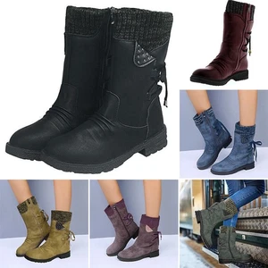 Damen Boots herbste Schuhe Schnürstiefel Weitschaftstiefel Stiefel Flach Leder - Bild 1 von 10