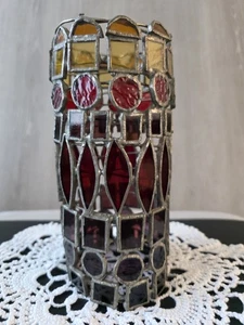 Vtg Brutalist Stained Glass Candle Holder Geometric Castle Top Leaded 7.5" - Picture 1 of 6