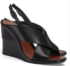 Tory Burch 8 Wedge Heels Open Toe Black Leather Gabrielle Sandal Slingback - Picture 1 of 11