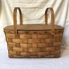 Vintage woven wood picnic basket w/hinged top & 2 handles
