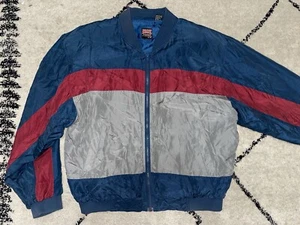 Vintage 80s Athletic Works 100% Silk Blue Red Gray Windbreaker Jacket Colorblock - Picture 1 of 9
