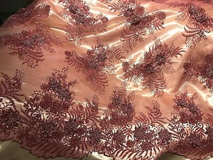 Beaded Pink French Lace Fabric . Bridal/ Prom/ Red Carpet By The Yard - Picture 1 of 10