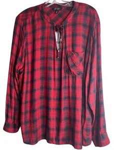 Jessica Simpson Women’s Top 2X Long Sleeve Plaid Contrasting Print Tie Neck - Picture 1 of 4
