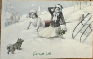 Weihnachten 1911 französische V K Vienne Postkarte, Kinder, Schlitten, Hund im Schnee - Bild 1 von 1