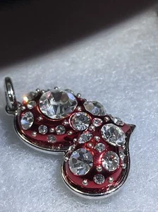 Vintage Red Guilloche Heart Brilliant Rhinestone Silver Tone Open Back Pendant - Picture 1 of 9