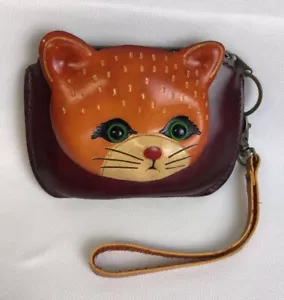 Echtleder orange grün Augen Katze Geldbörse Schlüsselanhänger Reißverschluss Handschlaufe - Bild 1 von 10