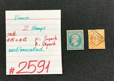 FRANCE Stamps, 2 USED/ CANCELLED Stamps, Scott #15 + #18, SCV 2009=$14.00, #2591 - Image 1 of 2