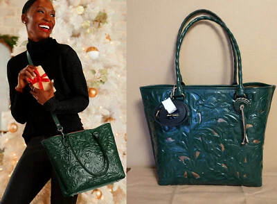 NWT PATRICIA NASH Adeline Drk GREEN Leather Cutout Tooled Tote with Strap+Tassel - Image 1 of 4