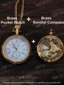 Antique Vintage Elgin Brass Pocket Watch With Brass Pocket Sundial Compass Gift. - Picture 1 of 5
