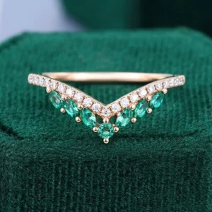 Vintage Moissanite Emerald Double Layer Curved 92.5 Sterling Silver Wedding Band - Picture 1 of 6