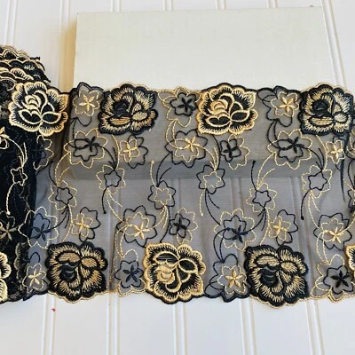 Black & Yellow Embroidered Double-edged Lace Trim/ Sewing/Crafts/Bridal/7" Wide - Image 1 of 4
