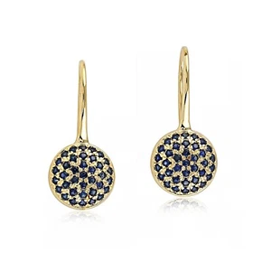 Elegant Blue Sapphire micro Pave Hook Earrings, 14K Yellow Gold - Picture 1 of 3